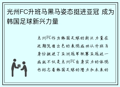 光州FC升班马黑马姿态挺进亚冠 成为韩国足球新兴力量 光州FC升班马黑马姿态挺进亚冠 成为韩国足球新兴力量