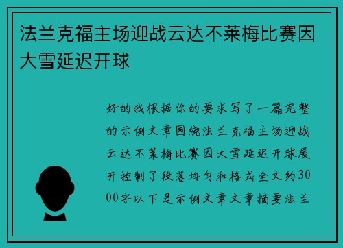 法兰克福主场迎战云达不莱梅比赛因大雪延迟开球 法兰克福主场迎战云达不莱梅比赛因大雪延迟开球